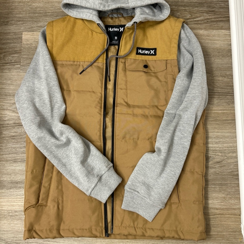 Hurley Men's Tan and Gray Puffer Jacket